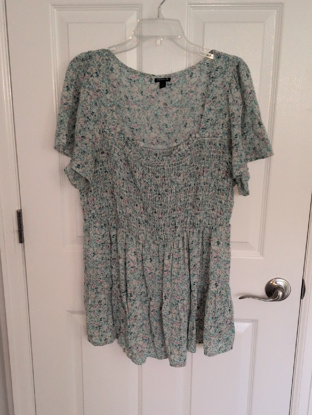 Torrid Green Floral Flutter Sleeve Smocked Blouse - 1